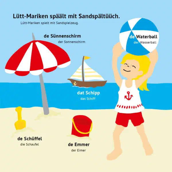 Lütt-Mariken spielt am Strand. Ein Auszug aus dem plattdeutschen Kinderbuch „Plattdütsch mit Lütt-Mariken" die 3.Auflage