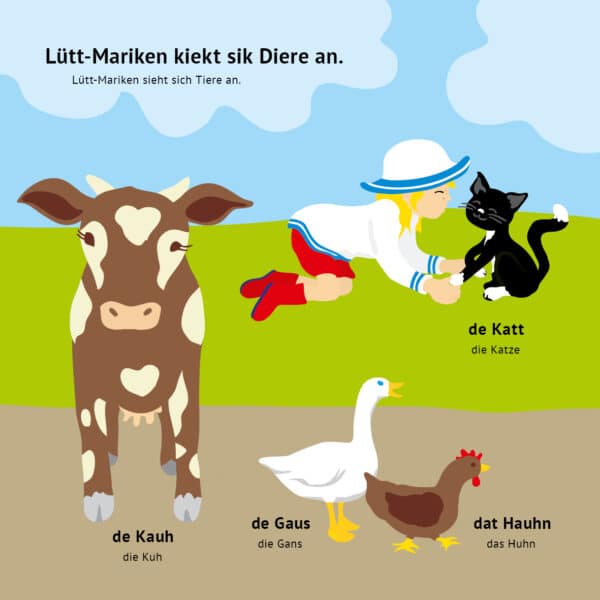 Lütt-Mariken sieht sich Tiere an. Ein Auszug aus dem plattdeutschen Kinderbuch „Plattdüütsch mit Lütt-Mariken“ die 3.Auflage