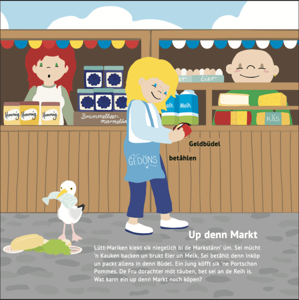 Plattdeutsches Kinderbuch: "Plattdüütsch mit Lütt-Mariken Uennerwägens in de Stadt. Bildausschnitt: Up denn Markt.